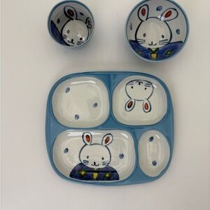 Blue Bunny Ceramic Divided Plate & Bowls Set
